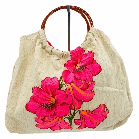 ALFRED SHAHEEN Rare Vintage 60s Hawaiian Linen Handbag Celluloid Handle Tropical - Picture 2 of 8